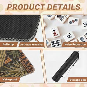 The image is a collage of four different items, including a black anti-slip mat, a set of Chinese tiles, a noise reduction bag, and a waterproof storage bag.