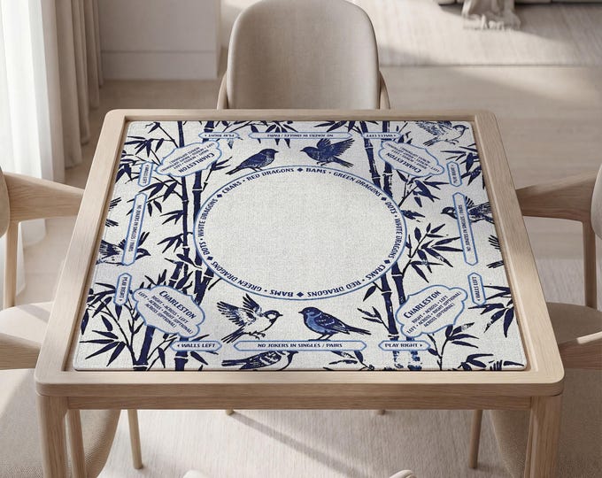 Personalized Mahjong Mat with Instructions (Rules) - Blue White Bamboo & Sparrows