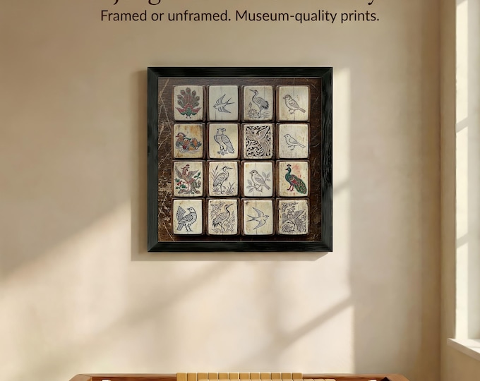 Mahjong Bird Tiles Wall Art: 16 Vintage Illustrations - Framed or Unframed Decor