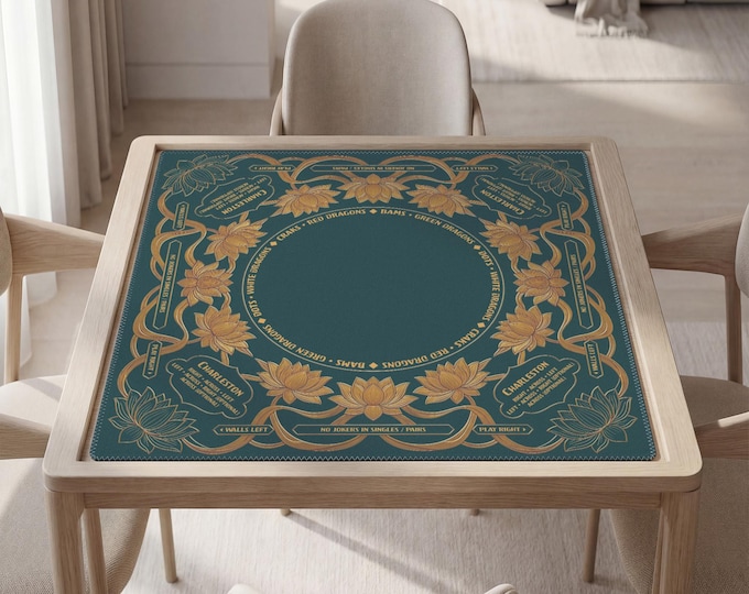 Personalized Art Nouveau Lotus Mahjong Mat with Rules (instructions), Non-slip