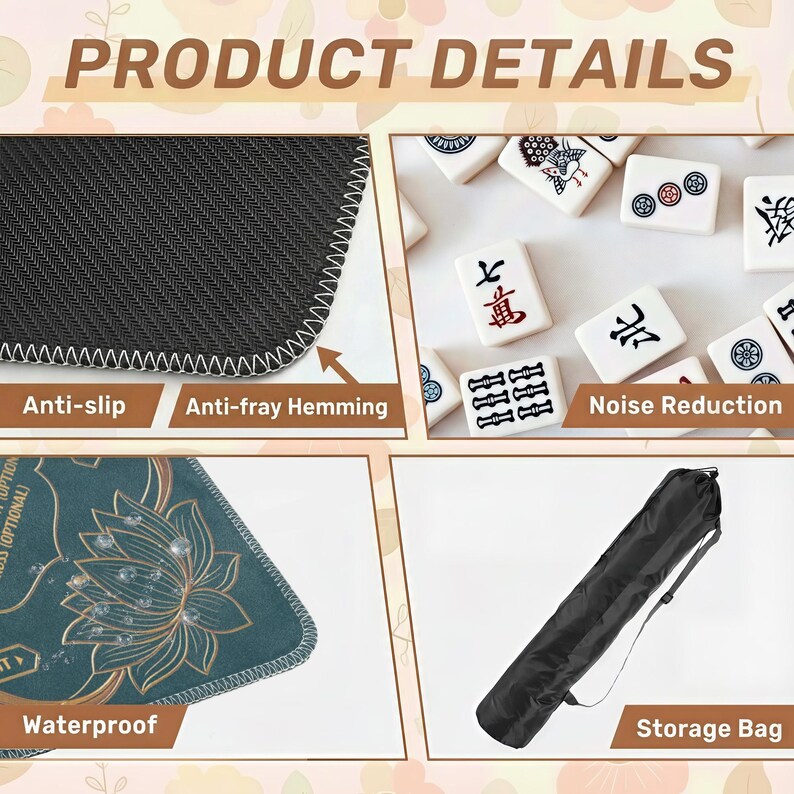 product details for a black anti-slip mat, a storage bag, and a set of Chinese tiles.