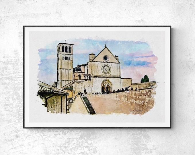 Basilica of St. Francis Watercolor Print Assisi Italy Art Premium Quality Travel Poster Artful Wall Decor Unframed Wall Art