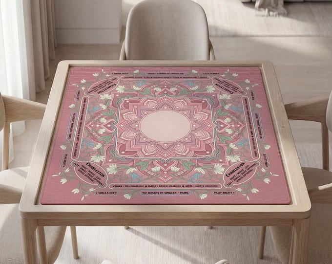 Mahjong Table Mat: Pink Floral Mandala - Personalized Option with Bag Included