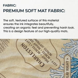 The image is a close-up of a soft, textured fabric with a design featuring a map or chart. The text above the image states that the fabric is "PREMIUM SOFT MAT FABRIC: The soft, textured surface of this material ensures the ink integrates beautifully, creating an organic feel and preventing harsh look."