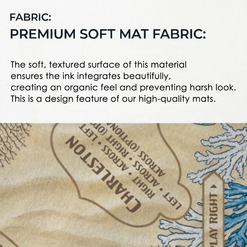 The image is a close-up of a soft, textured fabric with a design featuring a map or chart. The text above the image states that the fabric is "PREMIUM SOFT MAT FABRIC: The soft, textured surface of this material ensures the ink integrates beautifully, creating an organic feel and preventing harsh look."