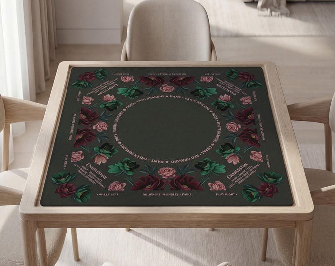 Fully Personalized Mahjong Mat with Instructions (Rules), Dark Floral Design