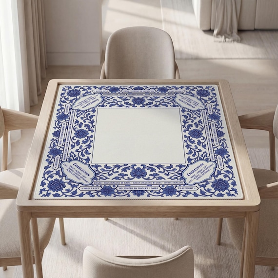 Personalized Mahjong Mat, Blue White Porcelain, Quiet Play Surface | Polyester | Custom Text