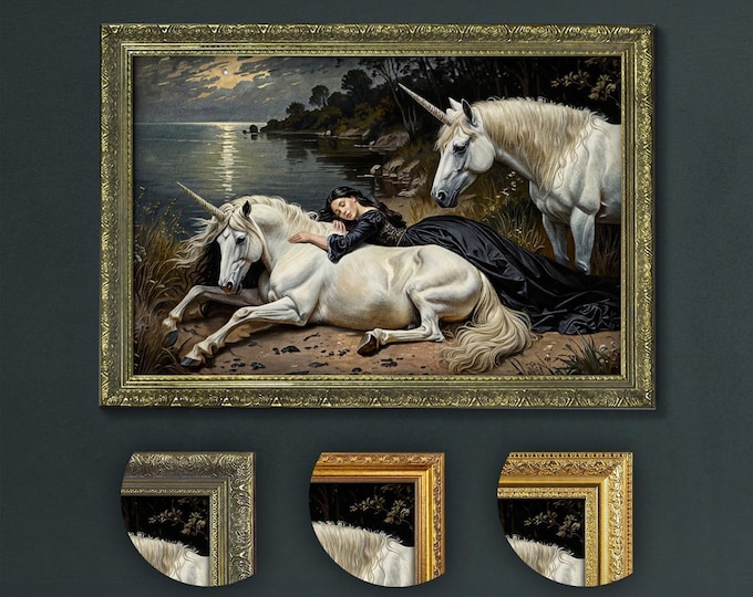 Girl and Unicorns Art Print: Dark Academia Decor, Framed Nostalgia