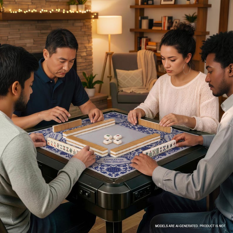 A group of four people are playing a game of mahjong on a table, with the game board and pieces visible.
