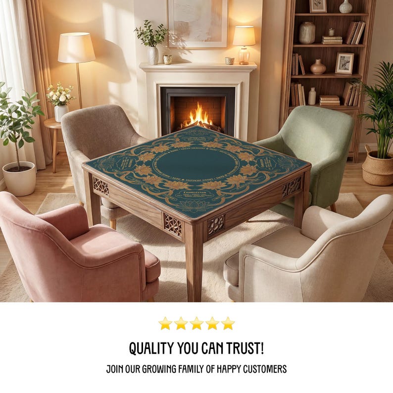 a cozy living room with a fireplace, a table with a decorative tablecloth, and four chairs arranged around the table. The room has a warm and inviting atmosphere, with natural light coming in from the window and various decorative elements such as plants and vases.