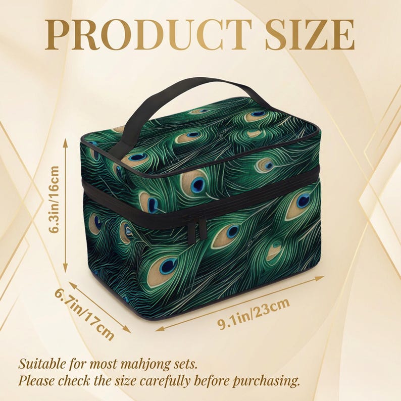 a cosmetic bag with a peacock feather design.