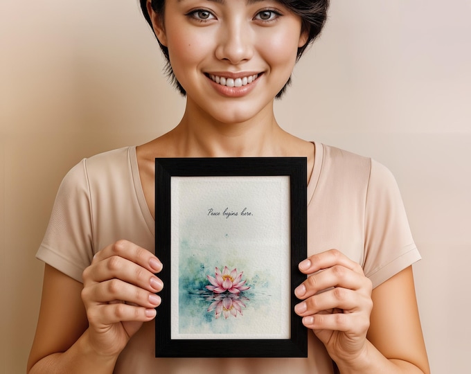 Peace Begins Here Affirmation Wall Art - Watercolor Lotus Meditation Print, , 5x7 in (13x18 cm)