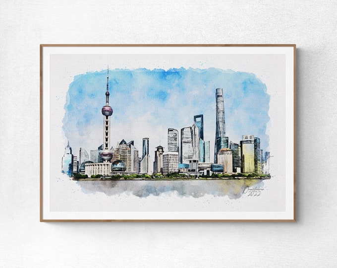 Shanghai Watercolor Print China Art Premium Quality Travel Poster Artful Wall Decor Unframed Wall Art