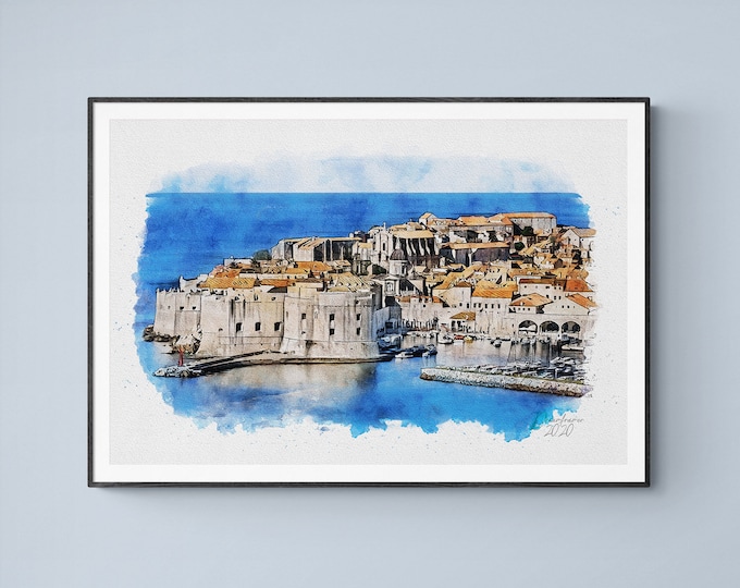 Walls of Dubrovnik Watercolor Print Croatia Art Premium Quality Travel Poster Artful Wall Decor Unframed Wall Art