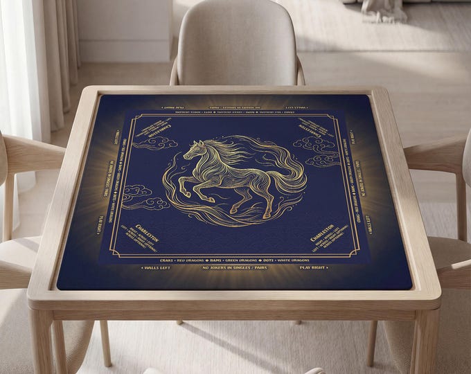 Personalized Navy Fire Horse Mahjong Mat, Elegant Game Table Pad, Anti-Slip Surface, Bag Included