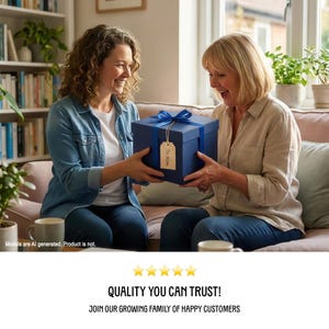 Two women sitting on a couch, one holding a blue gift box with a ribbon, smiling and laughing together.