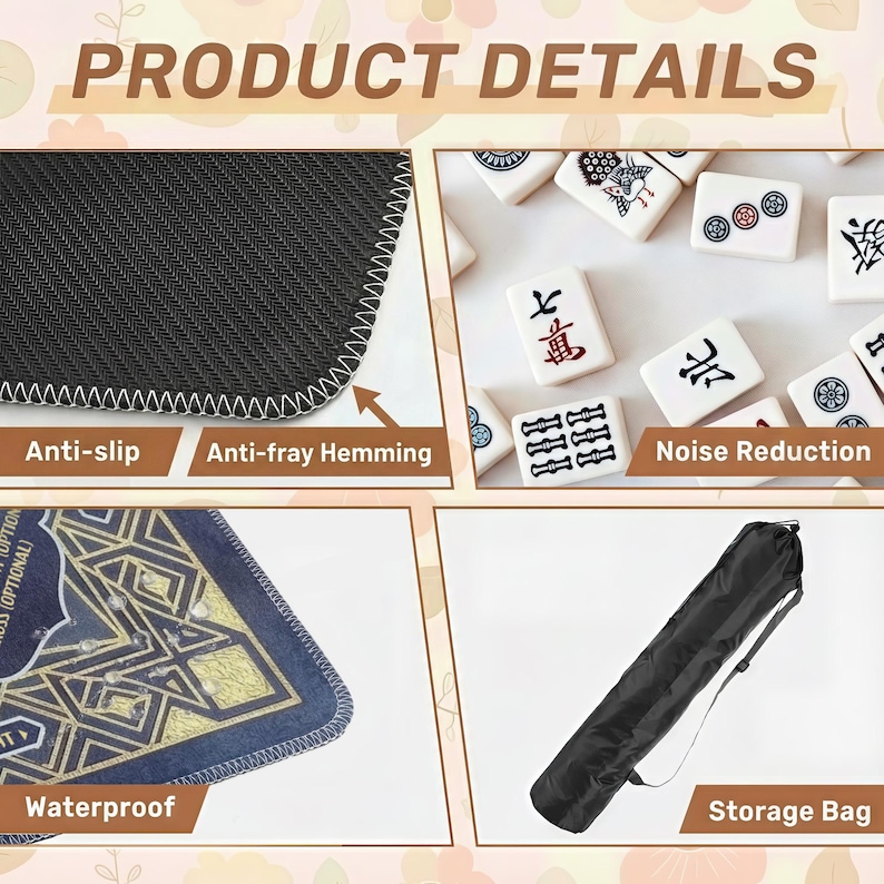 The image is a collage of four different items, including a black anti-slip mat, a set of Chinese tiles, a noise reduction bag, and a waterproof storage bag.
