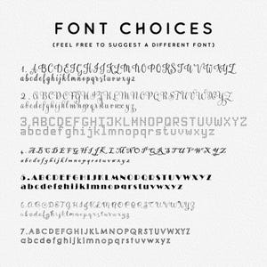 a collection of various font choices, including different styles and lettering, with the text "Font choices (feel free to suggest a different font)" at the top.