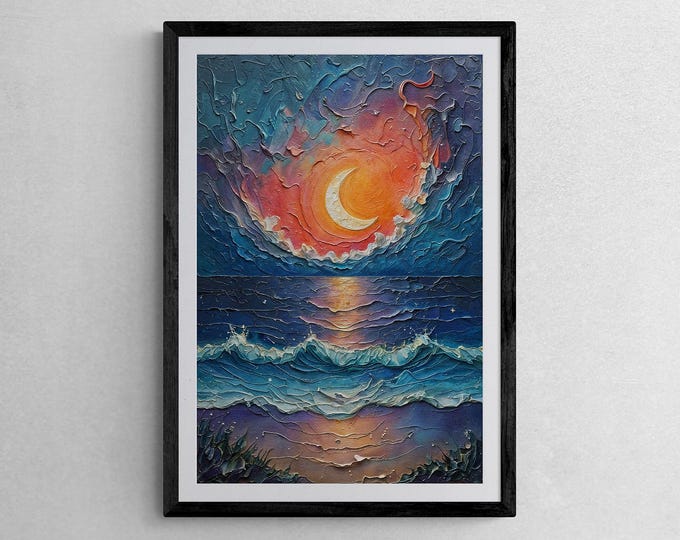 Glowing Waning Crescent Moonrise Over the Ocean, Maximalist Art Print, Bold Colorful Wall Art, Museum Quality Lively Colors Art Print