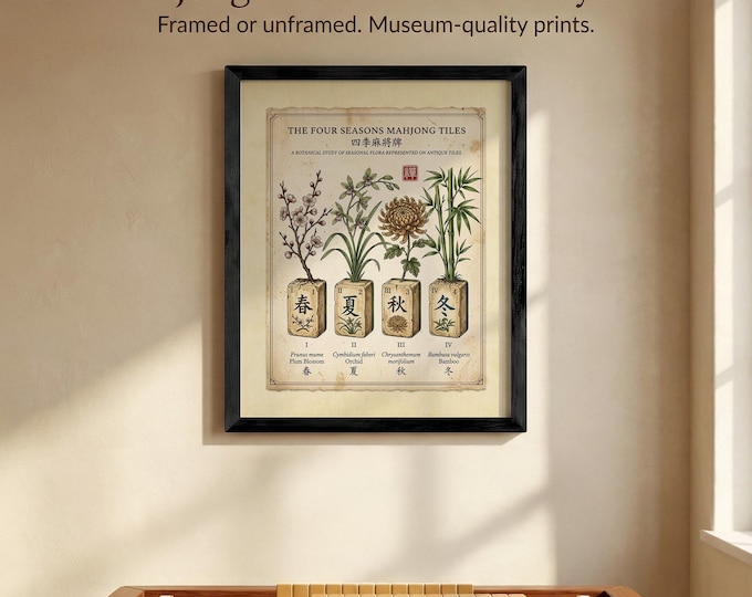 Traditional Mahjong Wall Art Print, Four Seasons Botanical Tiles (Framed or Unframed)