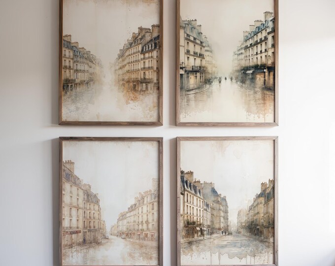 French Street Art Prints, Vintage Watercolor Cityscapes (Set of 4)