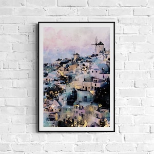 Santorini at Dusk Watercolor Print Greece Art Premium Quality Travel Poster Artful Wall Decor Unframed Wall Art