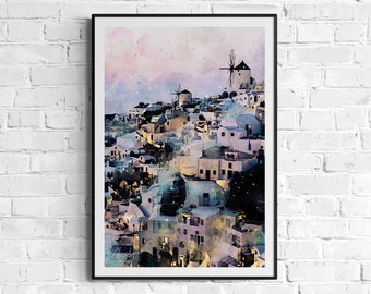 Santorini at Dusk Watercolor Print Greece Art Premium Quality Travel Poster Artful Wall Decor Unframed Wall Art