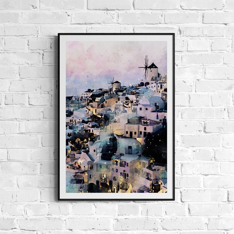 Santorini at Dusk Watercolor Print Greece Art Premium Quality Travel Poster Artful Wall Decor Unframed Wall Art image 1