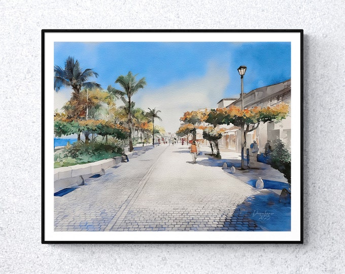 Puerto Vallarta Malecon Watercolor Print Mexico Art Premium Quality Travel Poster Artful Wall Decor Unframed Wall Art