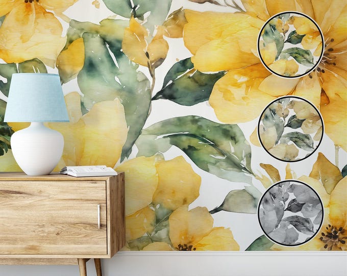 Vibrant Yellow Flowers and Green Leaves Watercolor Wallpaper, Botanical Art Peel and Stick, Floral Home Decor, Bright Nature Wall Mural