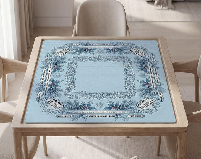 Mahjong Mat with Instructions: Winter Blue Botanical Style (Custom Text, Non-Slip), Bag Included