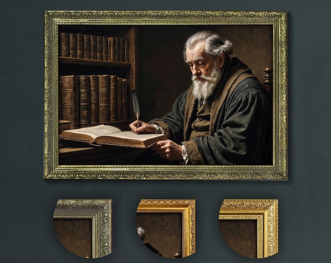 Dark Academia Art Print: Old Man Reading in Library, Vintage Scholar Decor
