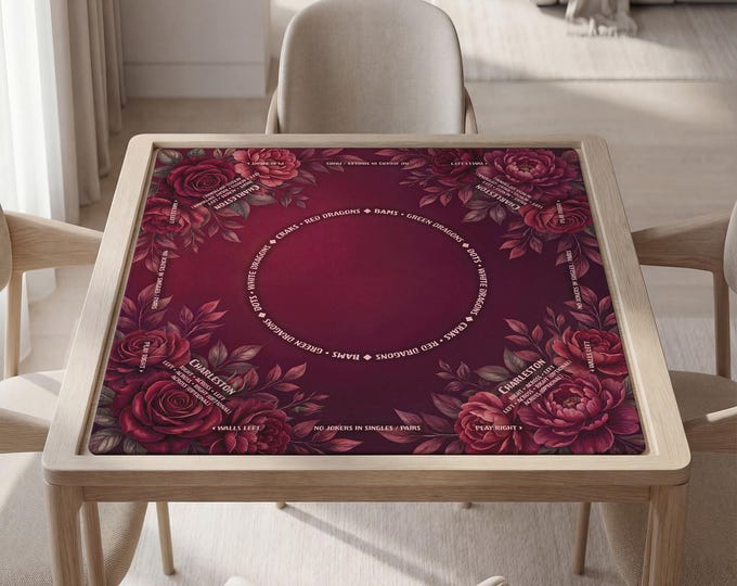 Personalized Burgundy Floral Mahjong Mat with Instructions (Rules), Non Slip