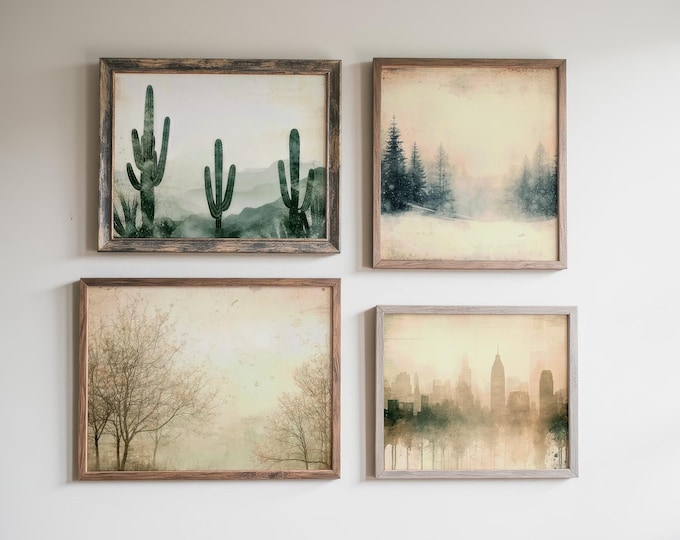 Landscape Art Prints: Minimalist Vintage Set (Desert, Forest, Cityscape)