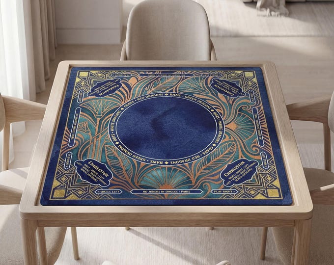 Personalized Dark Blue Art Deco Mahjong Mat with Rules (Instructions), Bag Included