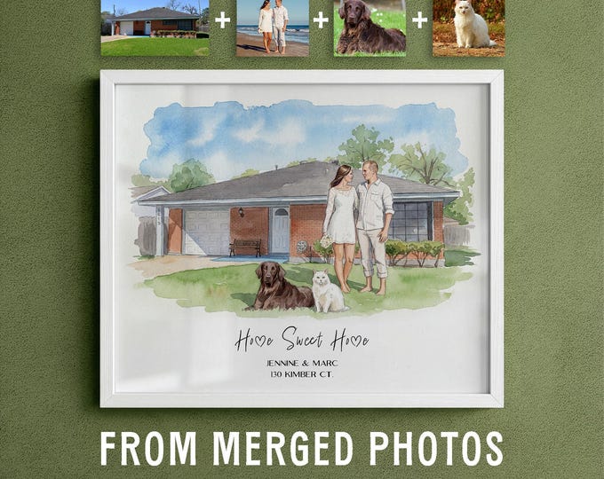 Watercolor House Portrait with Owner and Pets (Custom Digital Art)