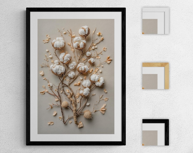 Cotton Flower Wall Art, Neutral Botanical Print, Illusion Texture Artwork, Simulated Texture Bedroom Decor, Faux Texture Beige Floral Poster