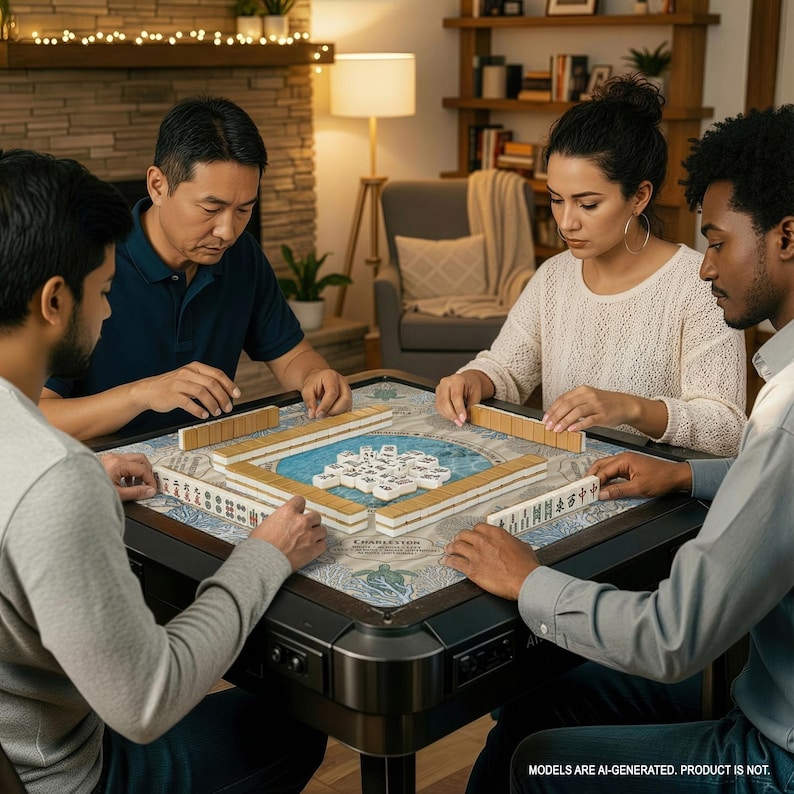 A group of four people are playing a game on a large, colorful game board with tiles, in a cozy living room setting.