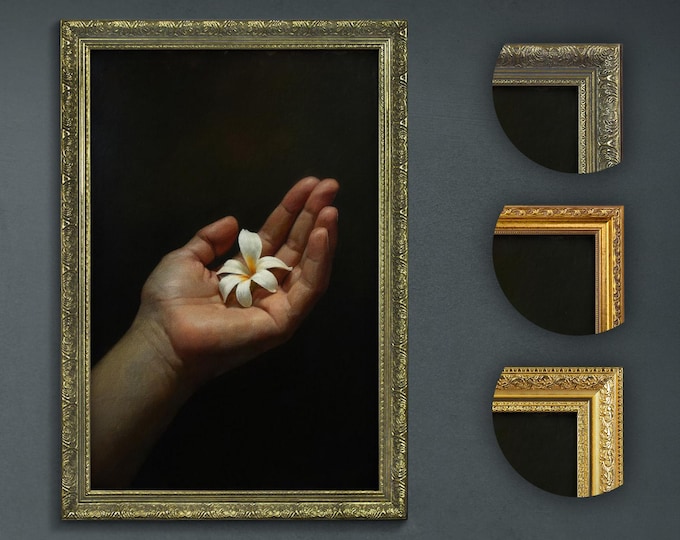 Serene Hand Holding White Flower, Dark Academia Wall Art, Realistic Botanical Painting, Dark Moody Wall Art, Peaceful Floral Home Decor