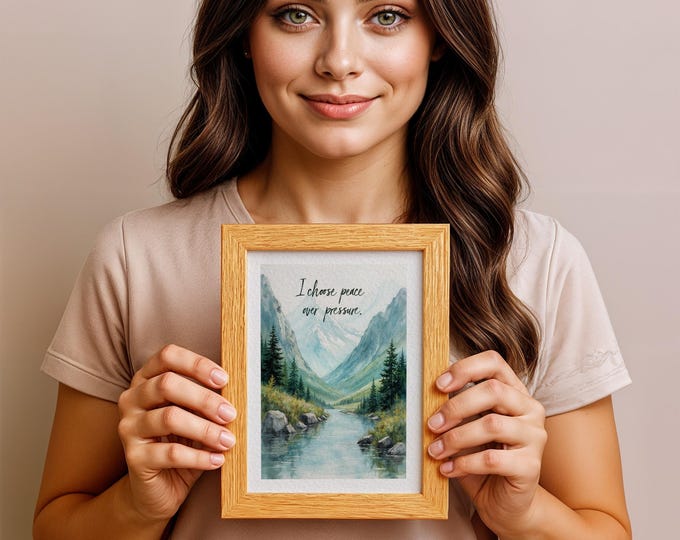 Peace Over Pressure Wall Art: Mountain River Affirmation Watercolor Print, 5x7 in (13x18 cm)