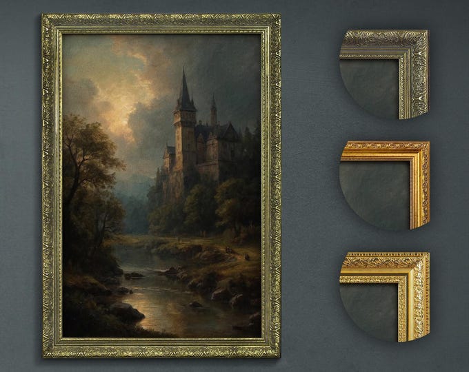 Dark Academia Castle Print: Moody River Landscape, Framed Art