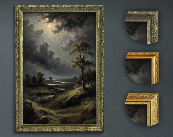 Dark Academia Valley Art Print: Gloomy Landscape with Gold Frame