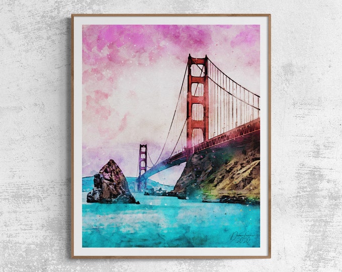 Golden Gate Bridge Watercolor Print San Francisco California Art Premium Quality Travel Poster Artful Wall Decor Unframed Wall Art