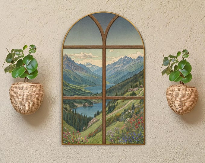Arched Mountain Lake Canvas Art: Rustic Window Frame Decor