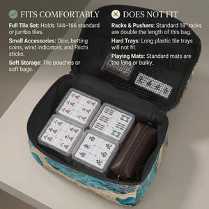 a set of mahjong tiles and accessories, including a full tile set, jumbo tiles, small accessories, and a hard tray. The text indicates that the bag is designed to hold these items comfortably, but it does not fit standard 18-inch racks. The bag also has a soft storage compartment for tile pouches or soft bags.