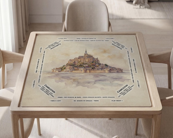 Personalized Mont-Saint-Michel Watercolor Mahjong Mat with Instructions (Rules)