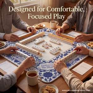 A group of people playing mahjong on a large, ornate board with the text "Designed for Comfortable, Focused Play" above it.