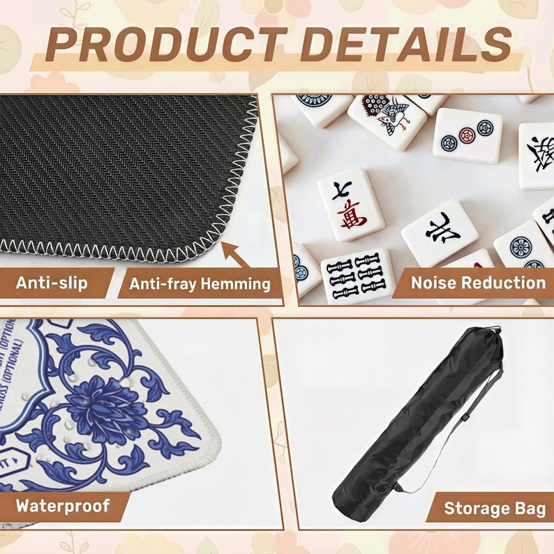 product details for a black anti-slip mat, a storage bag, and a set of Chinese tiles.