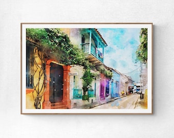 Cartagena Streets Watercolor Print Colombia Art Premium Quality Travel Poster Artful Wall Decor Unframed Wall Art