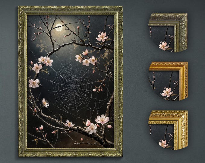 Moody Dark Art, Spiderweb and Sakura, Dark Academia Decor, Artful Prints, Moody Decorative Art, Moody Artful Print, Aesthetic Witchy Decor